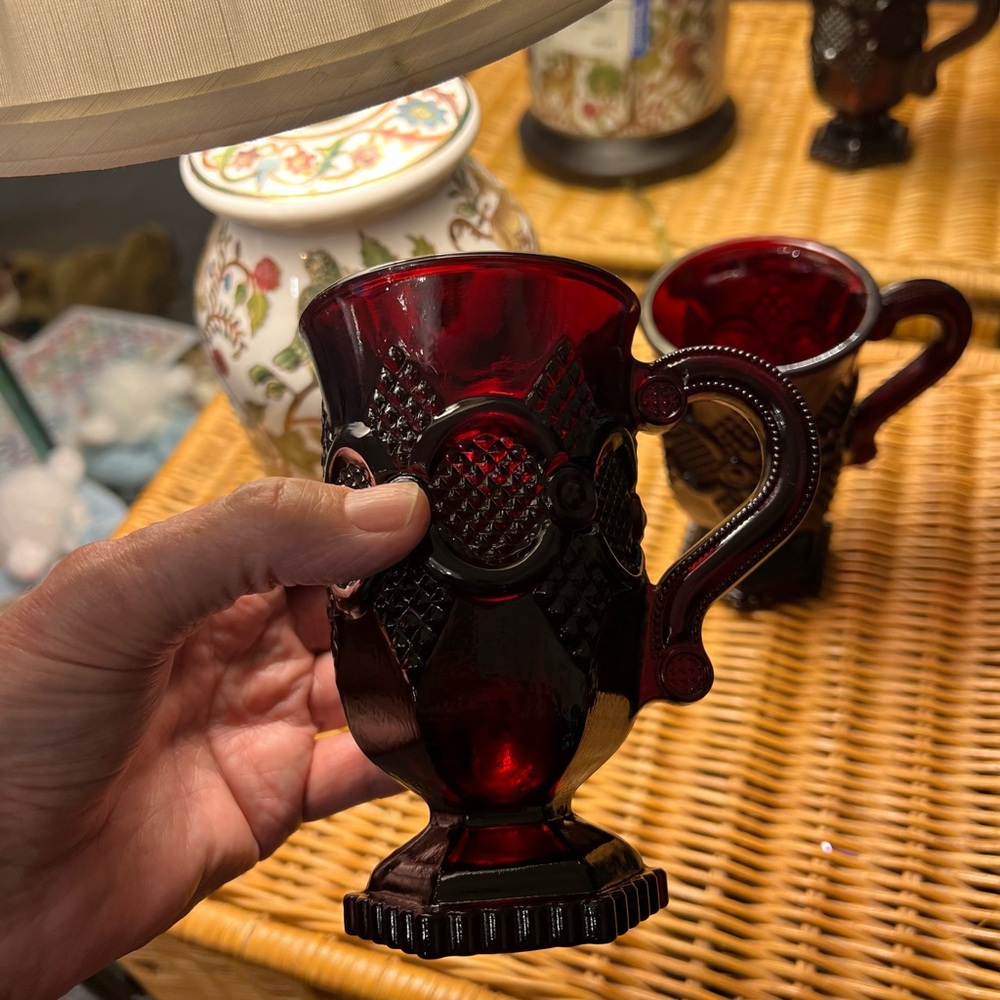 Avon Ruby Red Cape Cod Footed Pedestal Glasses Mugs Holiday Collectible